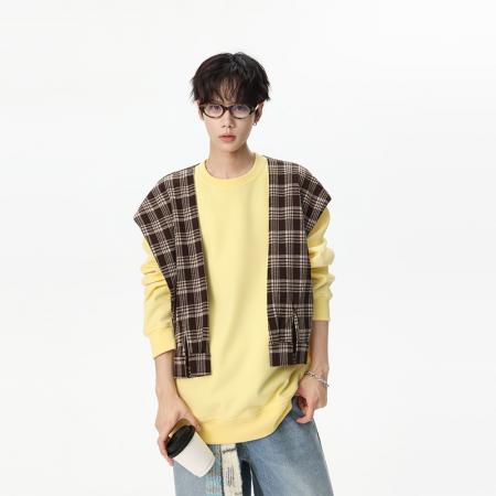 FA39826# 美式拼接打结格子披肩假两件长袖卫衣男生秋季宽松上衣 服装批发男装批发男士服饰批发