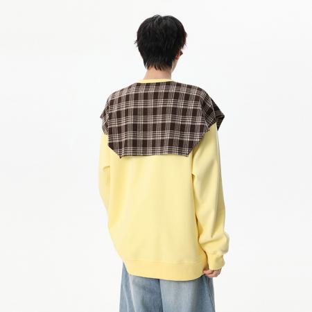 FA39826# 美式拼接打结格子披肩假两件长袖卫衣男生秋季宽松上衣 服装批发男装批发男士服饰批发