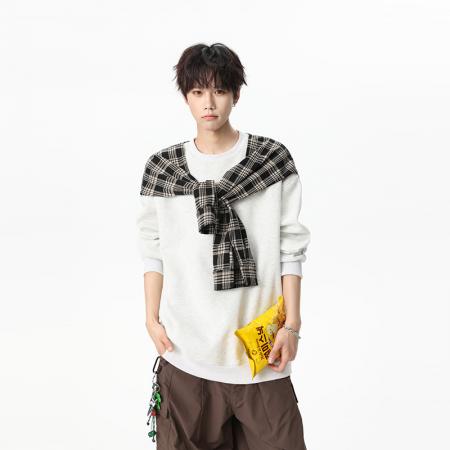 FA39826# 美式拼接打结格子披肩假两件长袖卫衣男生秋季宽松上衣 服装批发男装批发男士服饰批发