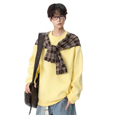 FA39826# 美式拼接打结格子披肩假两件长袖卫衣男生秋季宽松上衣 服装批发男装批发男士服饰批发