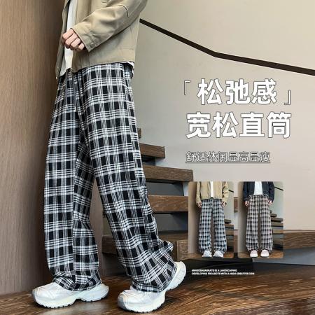 FA39830# 宽松直筒大码格子休闲长裤男夏季新款加肥加大潮流百搭运动裤 服装批发男装批发男士服饰批发