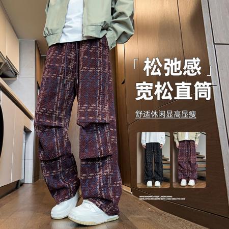 FA39832# 复古毛呢格子裤男款春秋冬季宽松直筒慵懒风垂感男生休闲长裤 服装批发男装批发男士服饰批发