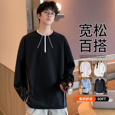 FA39839# 半拉链圆领T恤男春秋季美式简约套头体恤衫男落肩袖宽松打底上衣T 服装批发男装批发男士服饰批发