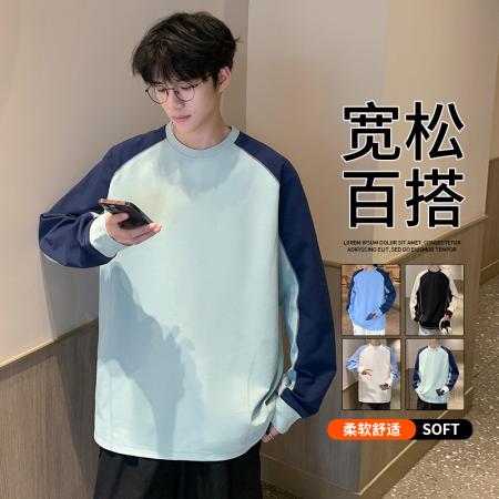 FA39841# 撞色拼接明线大码长袖t恤男秋季潮牌圆领宽松青少年百搭休闲卫衣 服装批发男装批发男士服饰批发