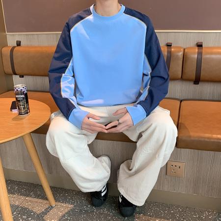 FA39841# 撞色拼接明线大码长袖t恤男秋季潮牌圆领宽松青少年百搭休闲卫衣 服装批发男装批发男士服饰批发