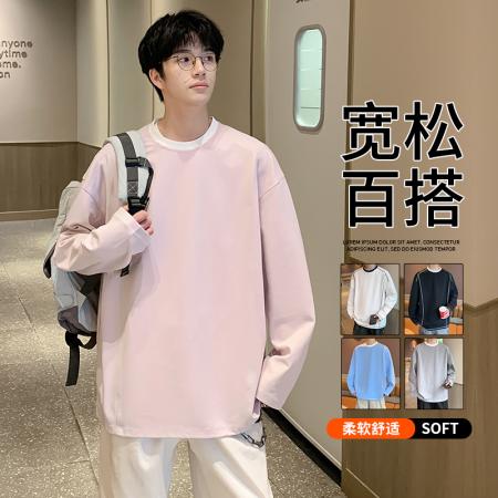FA39842# 落肩袖宽松T恤男春秋季休闲简约圆领体恤上衣男线条感撞色打底衫 服装批发男装批发男士服饰批发