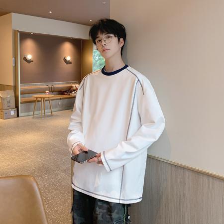 FA39842# 落肩袖宽松T恤男春秋季休闲简约圆领体恤上衣男线条感撞色打底衫 服装批发男装批发男士服饰批发