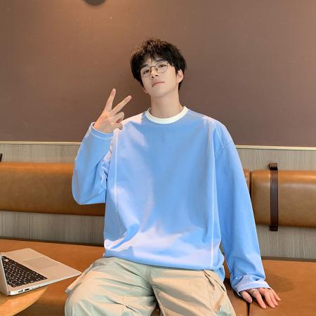 FA39842# 落肩袖宽松T恤男春秋季休闲简约圆领体恤上衣男线条感撞色打底衫 服装批发男装批发男士服饰批发