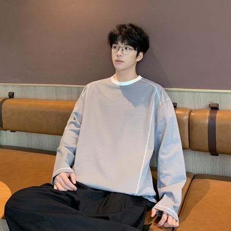 FA39842# 落肩袖宽松T恤男春秋季休闲简约圆领体恤上衣男线条感撞色打底衫 服装批发男装批发男士服饰批发