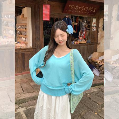 FA39875# 韩系温柔微透v领t恤秋季新款宽松气质长袖针织上衣女 服裝批發女裝批發服飾貨源