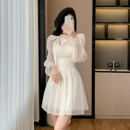 FA39897# 别致高级感长袖雪纺连衣裙子女收腰气质设计感小个子短裙秋季 服裝批發女裝批發服飾貨源