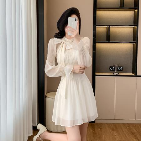 FA39897# 别致高级感长袖雪纺连衣裙子女收腰气质设计感小个子短裙秋季 服裝批發女裝批發服飾貨源