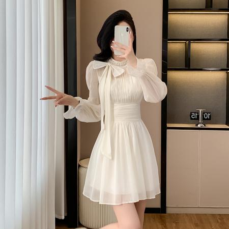 FA39897# 别致高级感长袖雪纺连衣裙子女收腰气质设计感小个子短裙秋季 服裝批發女裝批發服飾貨源