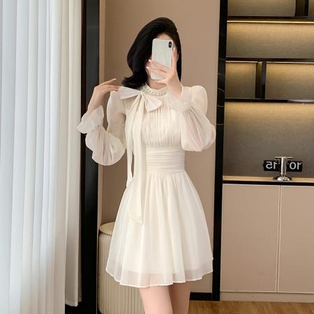 FA39897# 别致高级感长袖雪纺连衣裙子女收腰气质设计感小个子短裙秋季 服裝批發女裝批發服飾貨源