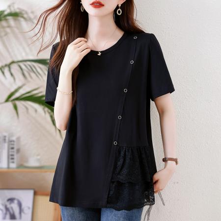 FA39931# 洋气不规则蕾丝短袖女t恤新款夏季大码胖mm上衣 服裝批發女裝批發服飾貨源