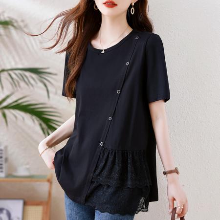 FA39931# 洋气不规则蕾丝短袖女t恤新款夏季大码胖mm上衣 服裝批發女裝批發服飾貨源