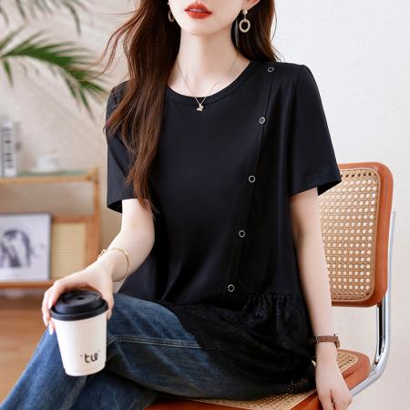 FA39931# 洋气不规则蕾丝短袖女t恤新款夏季大码胖mm上衣 服裝批發女裝批發服飾貨源