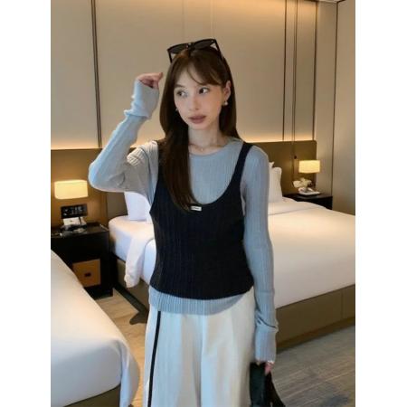 FA39955# 早秋韩系撞色假两件圆领针织衫女氛围感穿搭修身长袖上衣 服裝批發女裝批發服飾貨源
