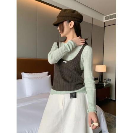 FA39955# 早秋韩系撞色假两件圆领针织衫女氛围感穿搭修身长袖上衣 服裝批發女裝批發服飾貨源