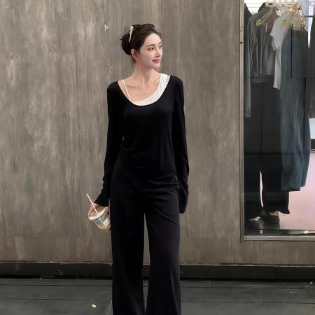 FA39957# 秋季韩系慵懒松弛感针织上衣叠穿不规则吊带背心两件套 服裝批發女裝批發服飾貨源