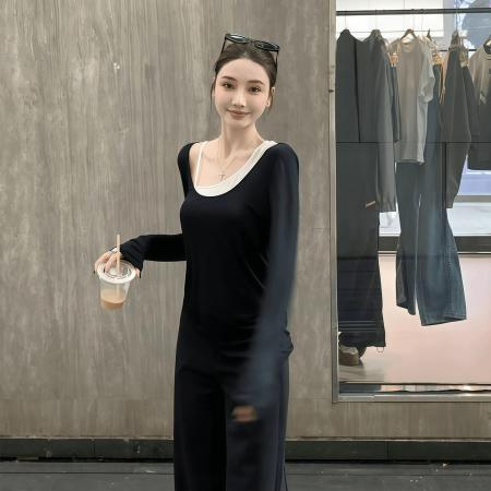 FA39957# 秋季韩系慵懒松弛感针织上衣叠穿不规则吊带背心两件套 服裝批發女裝批發服飾貨源