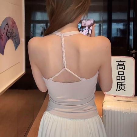 FA39959# 气质淑女金属链条美背褶皱收腰挂脖吊带春夏秋百搭女上衣 服裝批發女裝批發服飾貨源