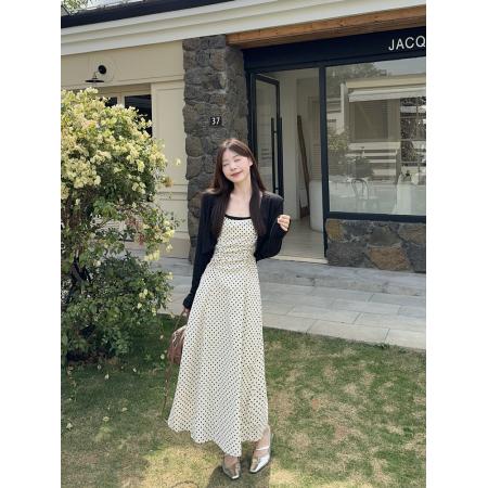 FA39960# 大码女装胖MM气质波点收腰显瘦遮肚吊带连衣裙开衫两件套 服裝批發女裝批發服飾貨源