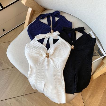 FA39965# 纯欲性感修身捏褶v领上衣女设计感系带挂脖背心辣妹吊带外穿 服裝批發女裝批發服飾貨源