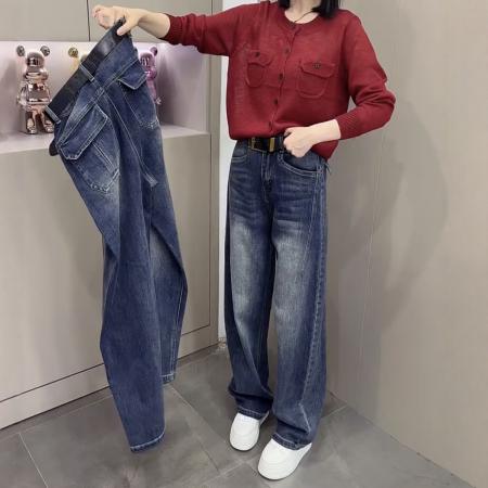 FA39994# 高腰窄版直筒牛仔裤女秋季新款大码胖mm显瘦美式直筒阔腿长裤 服裝批發女裝批發服飾貨源