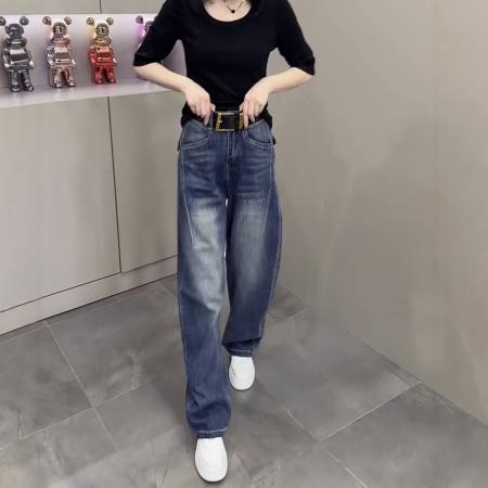 FA39994# 高腰窄版直筒牛仔裤女秋季新款大码胖mm显瘦美式直筒阔腿长裤 服裝批發女裝批發服飾貨源