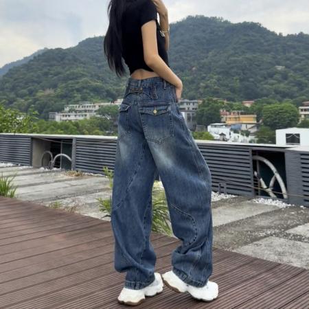 FA39996# 复古阔腿牛仔裤女秋季新款大码胖mm高腰显瘦宽松遮肉弯刀直筒裤子 服裝批發女裝批發服飾貨源