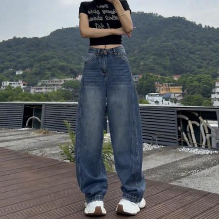 FA39996# 复古阔腿牛仔裤女秋季新款大码胖mm高腰显瘦宽松遮肉弯刀直筒裤子 服裝批發女裝批發服飾貨源