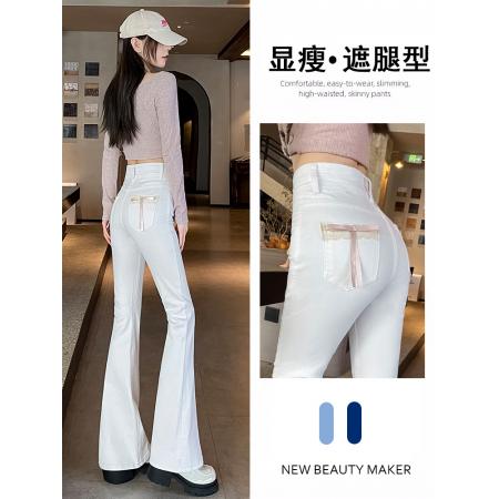 FA39999# 白色微喇牛仔裤女春夏季新款高腰显瘦蝴蝶结辣妹喇叭裤 服裝批發女裝批發服飾貨源