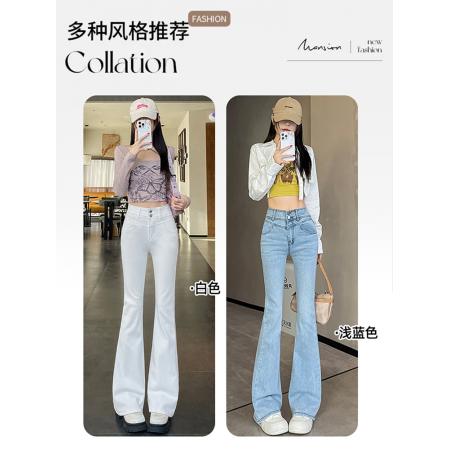 FA39999# 白色微喇牛仔裤女春夏季新款高腰显瘦蝴蝶结辣妹喇叭裤 服裝批發女裝批發服飾貨源