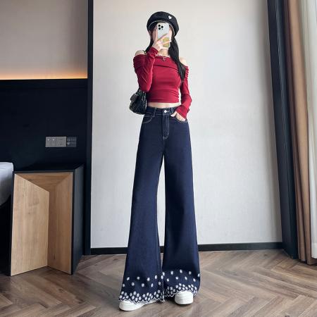 FA40000# 刺绣阔腿牛仔裤女春秋新款宽松时髦潮流喇叭深蓝直筒裤子 服裝批發女裝批發服飾貨源