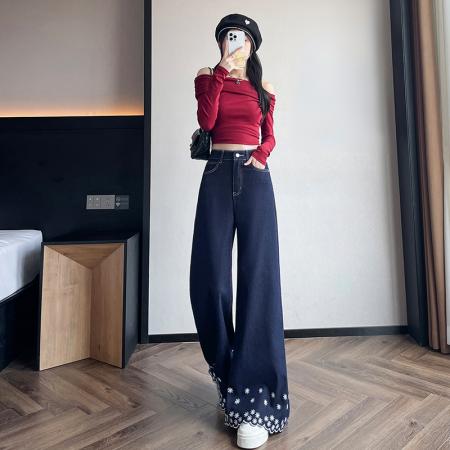 FA40000# 刺绣阔腿牛仔裤女春秋新款宽松时髦潮流喇叭深蓝直筒裤子 服裝批發女裝批發服飾貨源