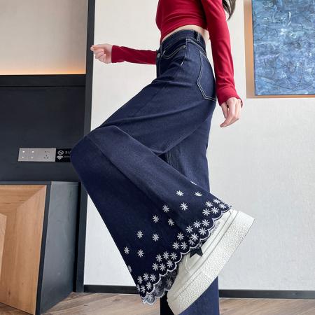 FA40000# 刺绣阔腿牛仔裤女春秋新款宽松时髦潮流喇叭深蓝直筒裤子 服裝批發女裝批發服飾貨源