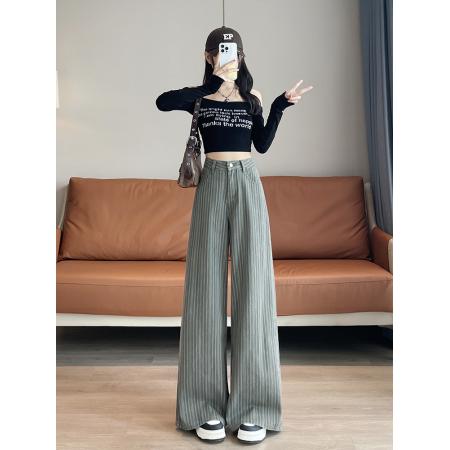 FA40002# 复古竖条纹阔腿牛仔裤女秋宽版松弛感不贴腿大喇叭拖地裤 服裝批發女裝批發服飾貨源