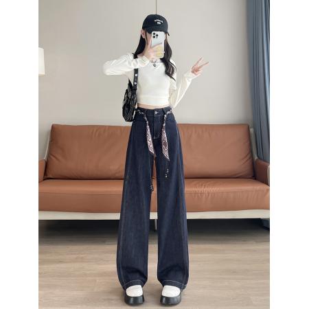 FA40004# 丹宁色阔腿牛仔裤女春秋季新款美式高腰宽松直筒拖地裤子 服裝批發女裝批發服飾貨源
