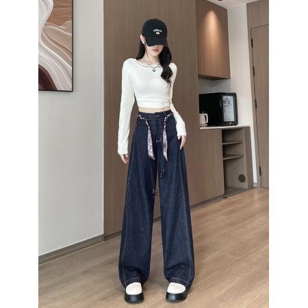 FA40004# 丹宁色阔腿牛仔裤女春秋季新款美式高腰宽松直筒拖地裤子 服裝批發女裝批發服飾貨源