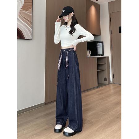 FA40004# 丹宁色阔腿牛仔裤女春秋季新款美式高腰宽松直筒拖地裤子 服裝批發女裝批發服飾貨源