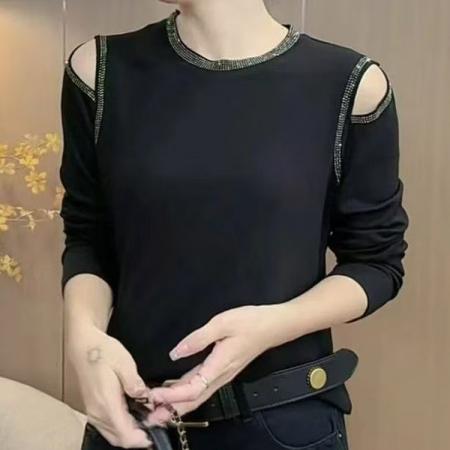 FA40005# 秋季新款时尚露肩设计感烫钻长袖上衣气质显瘦百搭小衫 服裝批發女裝批發服飾貨源