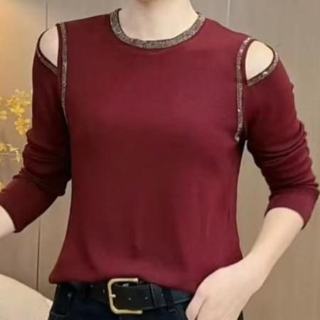 FA40005# 秋季新款时尚露肩设计感烫钻长袖上衣气质显瘦百搭小衫 服裝批發女裝批發服飾貨源