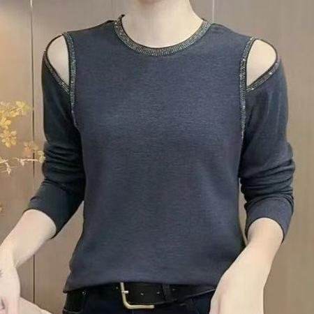 FA40005# 秋季新款时尚露肩设计感烫钻长袖上衣气质显瘦百搭小衫 服裝批發女裝批發服飾貨源