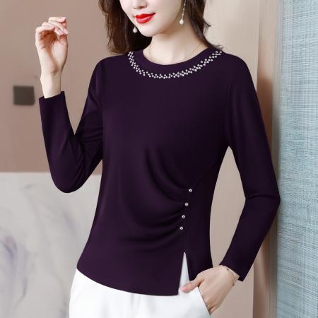 FA40006# 秋季新款长袖圆领修身上衣简约气质纯色钉珠开衩设计感小衫 服裝批發女裝批發服飾貨源