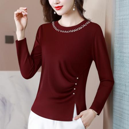 FA40006# 秋季新款长袖圆领修身上衣简约气质纯色钉珠开衩设计感小衫 服裝批發女裝批發服飾貨源
