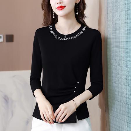 FA40006# 秋季新款长袖圆领修身上衣简约气质纯色钉珠开衩设计感小衫 服裝批發女裝批發服飾貨源