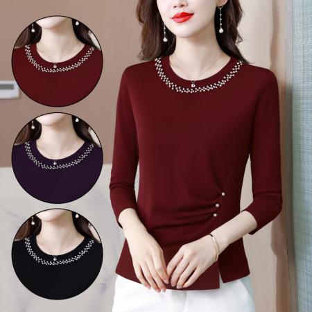 FA40006# 秋季新款长袖圆领修身上衣简约气质纯色钉珠开衩设计感小衫 服裝批發女裝批發服飾貨源