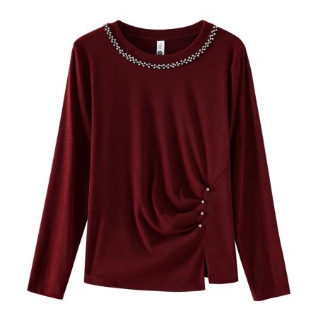 FA40006# 秋季新款长袖圆领修身上衣简约气质纯色钉珠开衩设计感小衫 服裝批發女裝批發服飾貨源