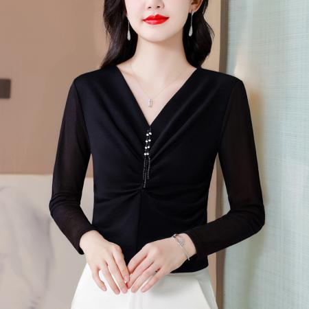 FA40007# 秋季新款上修V领气质上衣女捏褶收腰遮肉显瘦洋气百搭装 服裝批發女裝批發服飾貨源